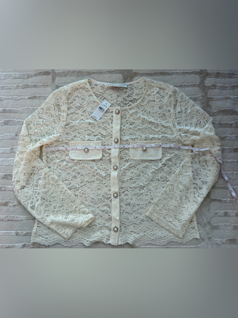 LOFT Cream Lace Button-Front Shrug